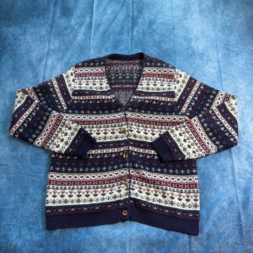 Vintage Fair Isle Knit Cardigan‎ Sweater Navy Burgundy Heart Pattern Mens L/XL